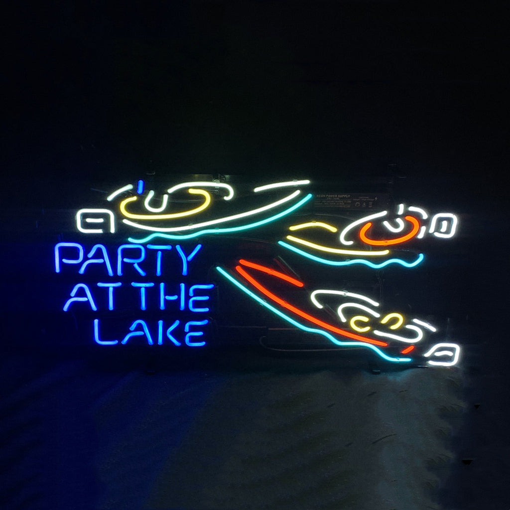 Neon yacht party sign with “PARTY AT THE LAKE” lettering and red accents