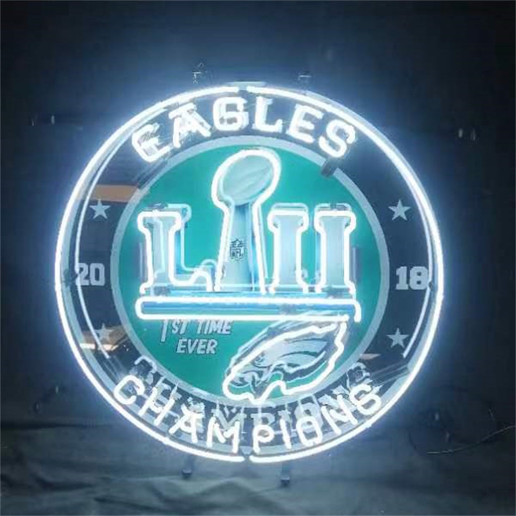 Eagles 2018 champions neon sign, round turquoise center with trophy, Eagles lettering, and stars