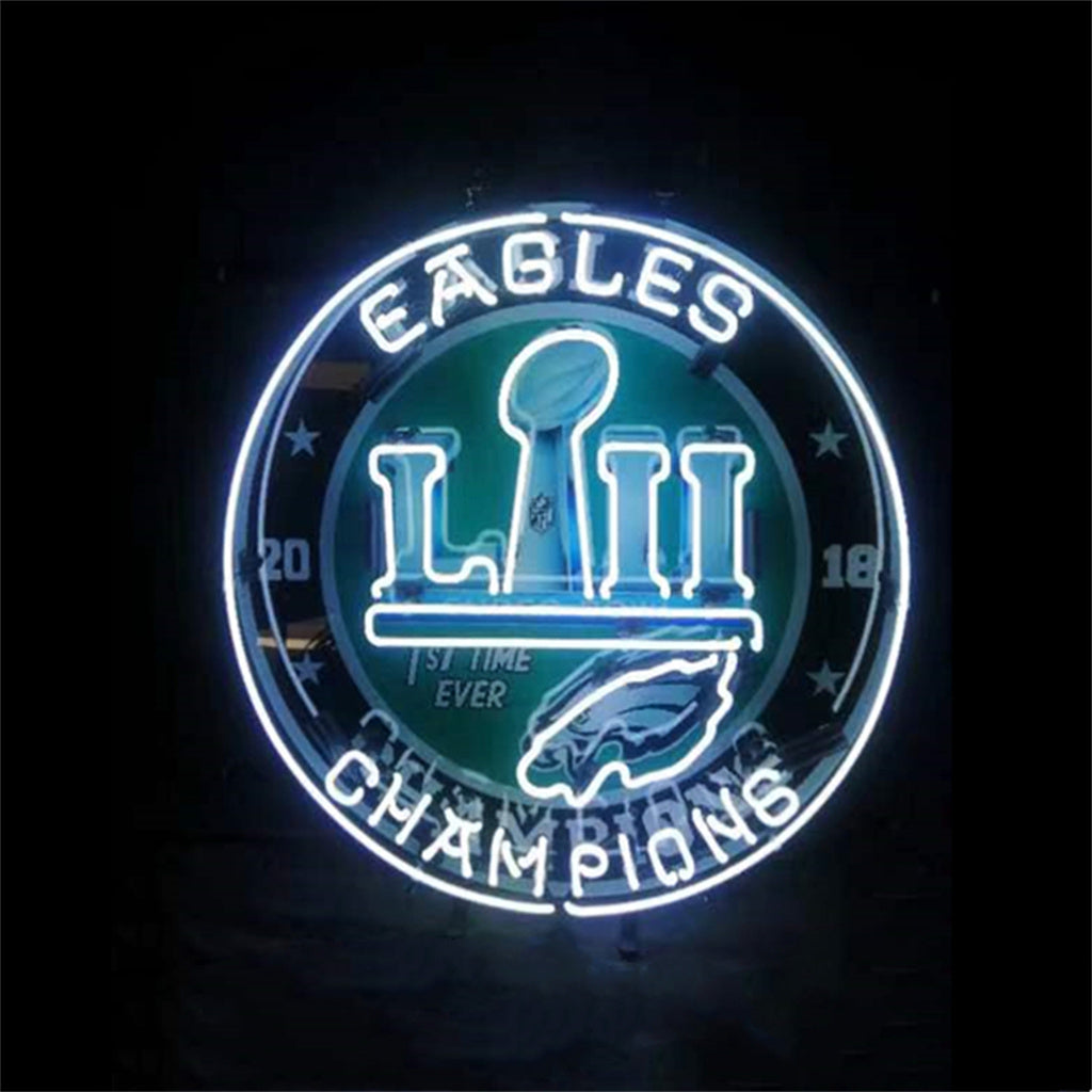 Eagles 2018 champions neon sign, circular blue outline with trophy and 'Champions' text