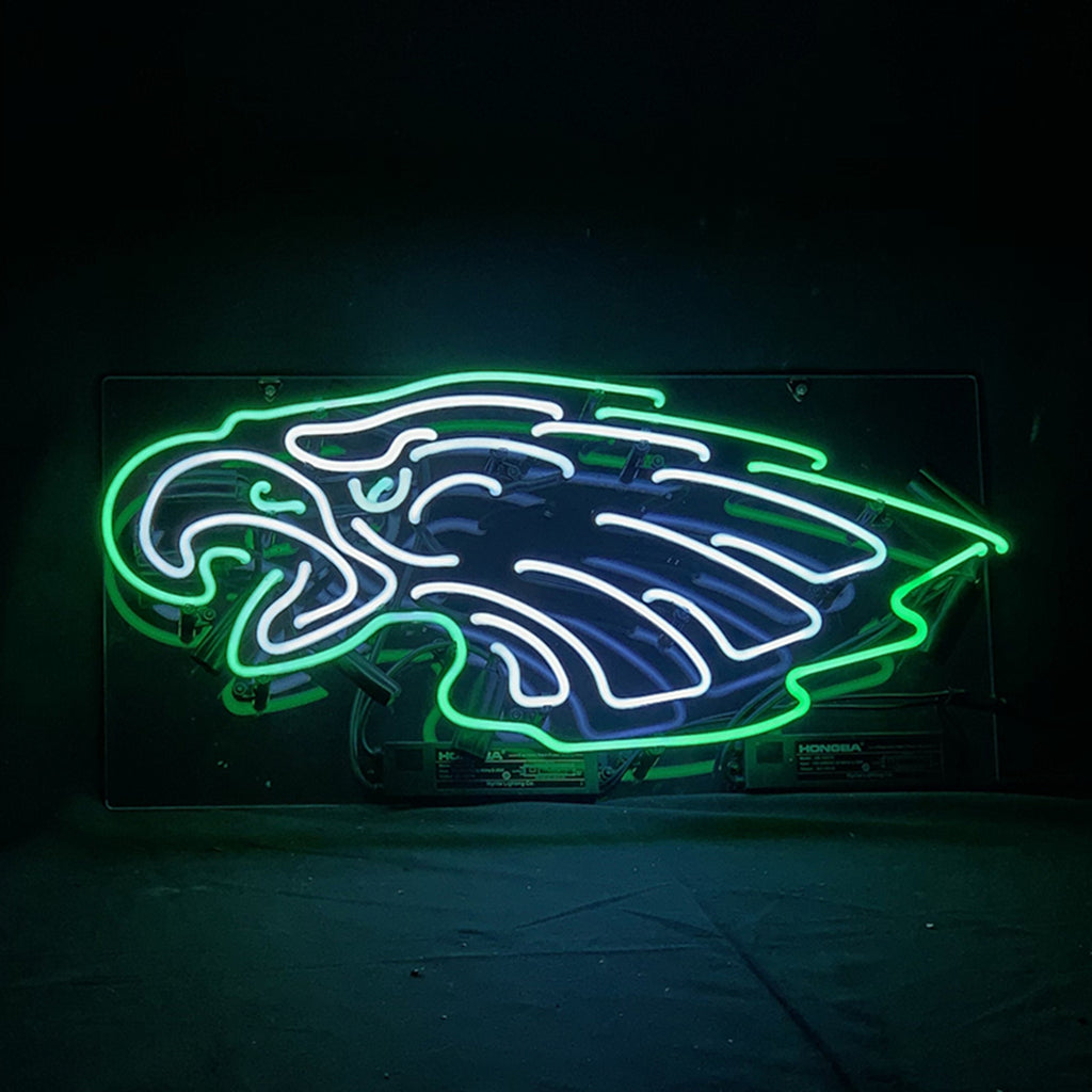Philadelphia Eagles neon light sign with green tubing border and blue eagle outline