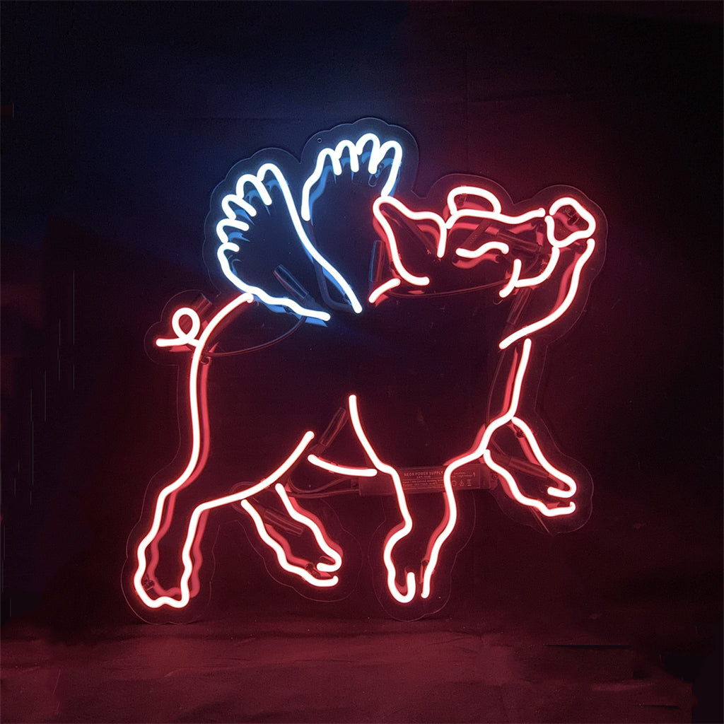 Glowing neon pig sign with wings, blue and pink outlines