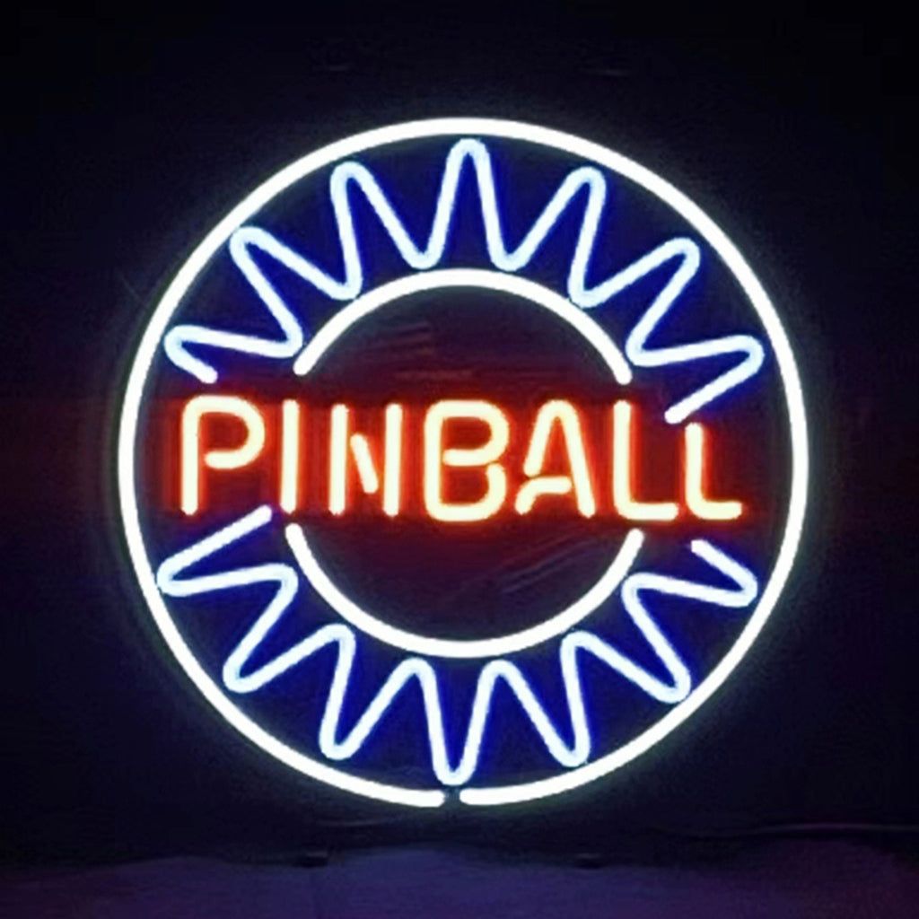 Neon pinball sign showing glowing PINBALL text inside a blue jagged circular ring