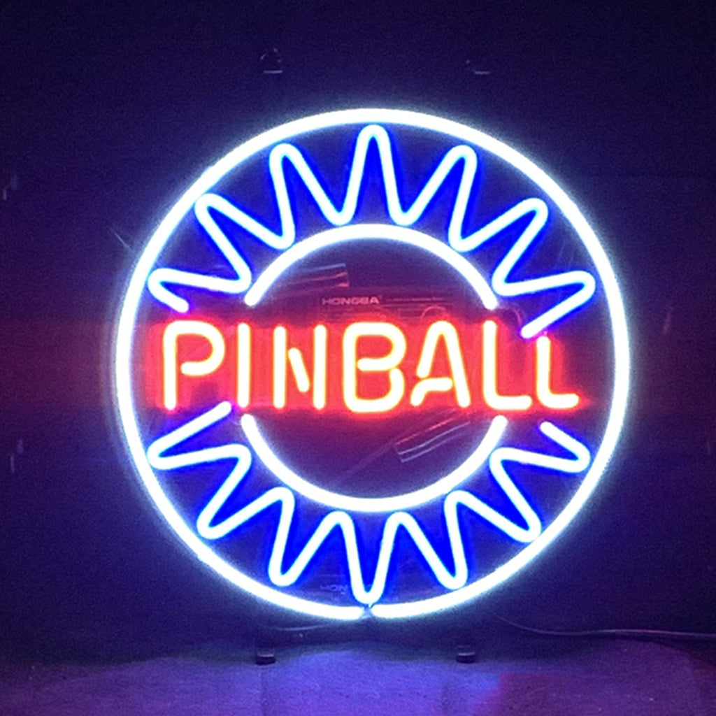 Neon pinball sign with blue ring and red PINBALL letters, mounted on two feet