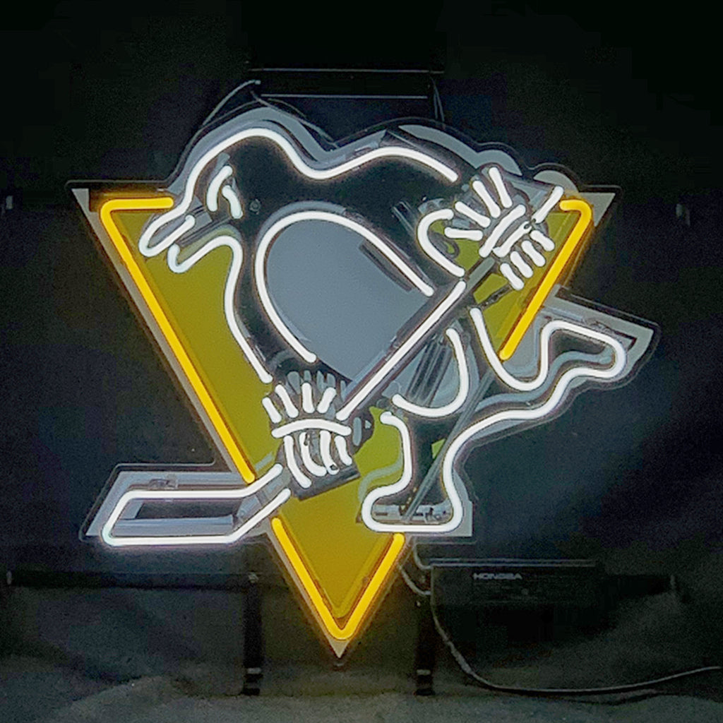 Front view blue penguin hockey neon sign with yellow triangle backplate