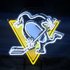 Blue penguin hockey neon wall sign with yellow triangle and white outline