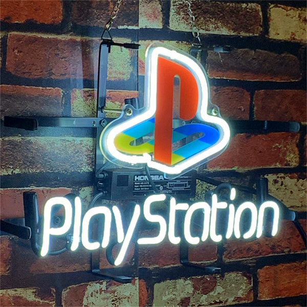 PlayStation neon sign with PS logo and PlayStation text, on black mounting frame
