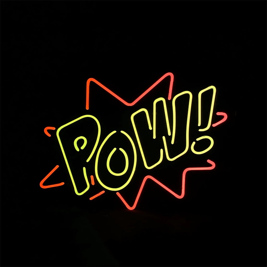 Multicolor neon wall sign reading “POW!” with outline glow
