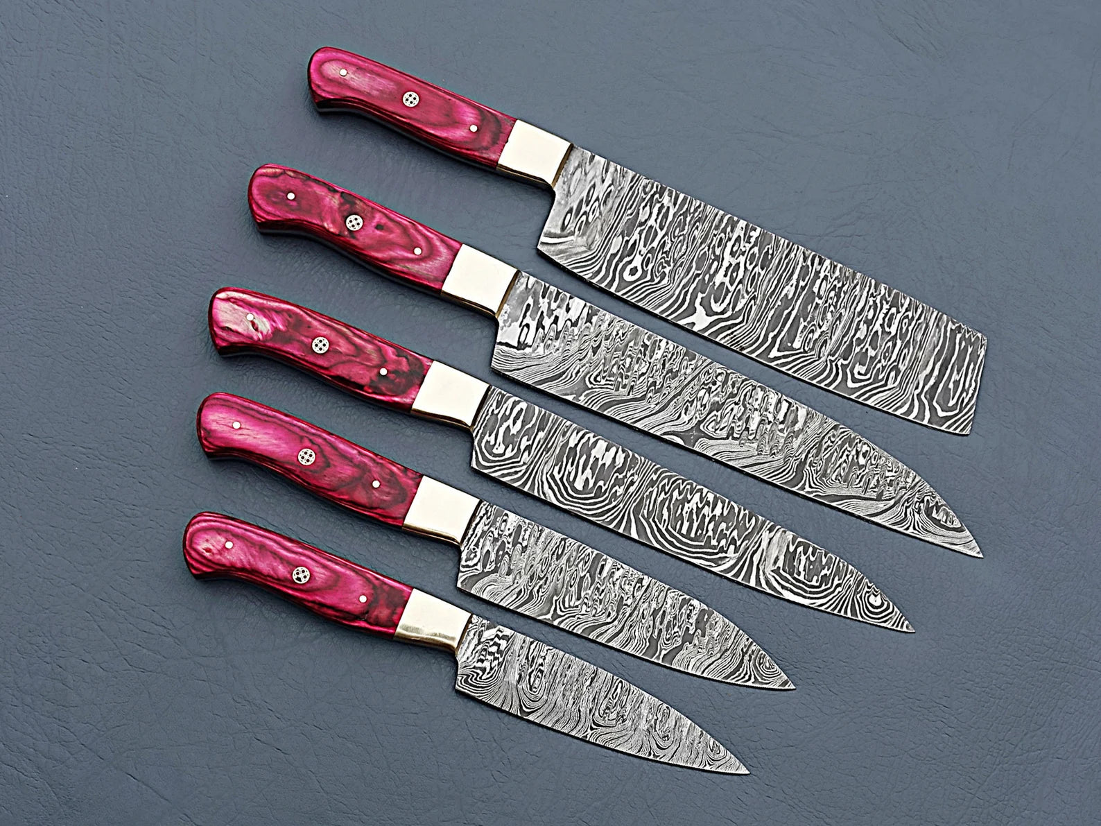 Damascus Steel Chef Knife Set of 5 – Red Handles For the Chef Orklo Knives