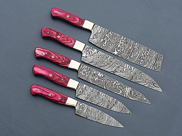 Damascus Steel Chef Knife Set of 5 – Red Handles