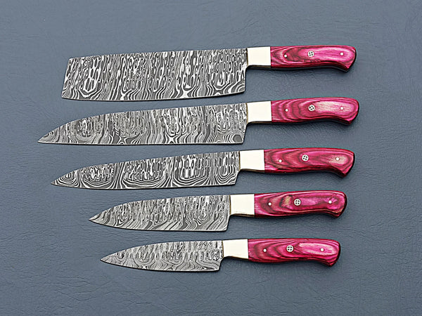 Damascus Steel Chef Knife Set of 5 – Red Handles