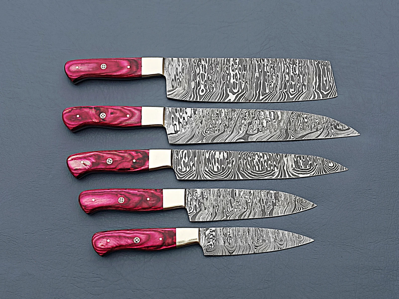 Damascus Steel Chef Knife Set of 5 – Red Handles For the Chef Orklo Knives