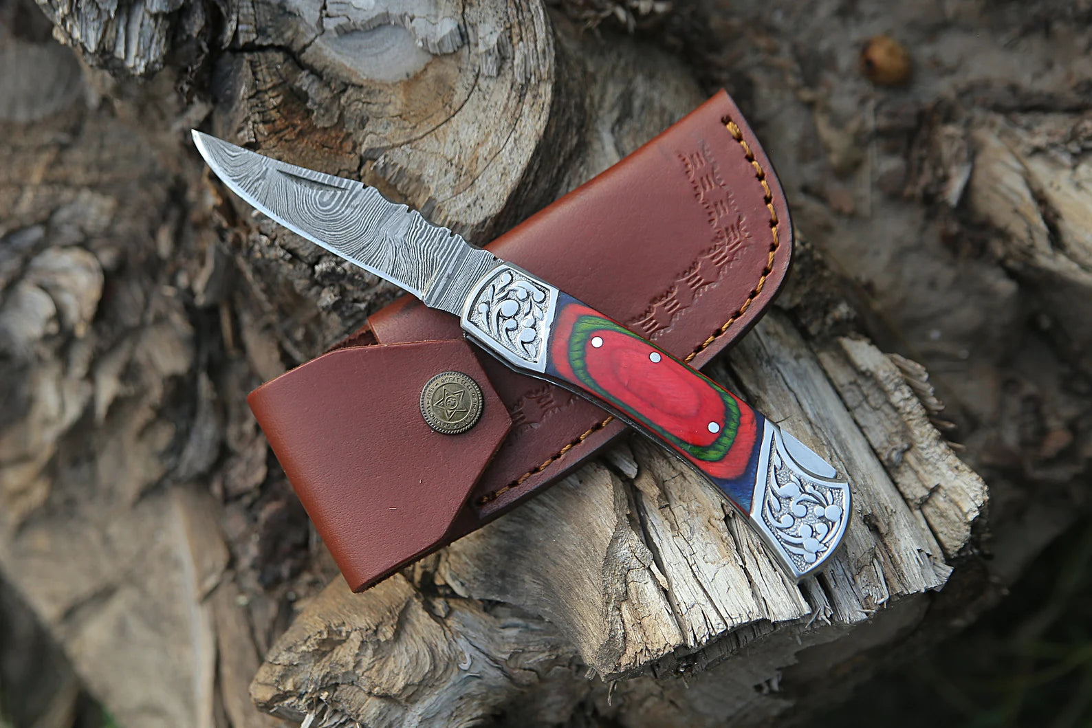 Damascus Steel Folding Pocket Knife – Red, Green and Blue Handle