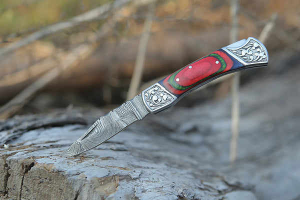 Damascus Steel Folding Pocket Knife – Red, Green and Blue Handle For the Outdoorsman Orklo Knives