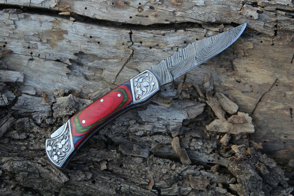 Damascus Steel Folding Pocket Knife – Red, Green and Blue Handle