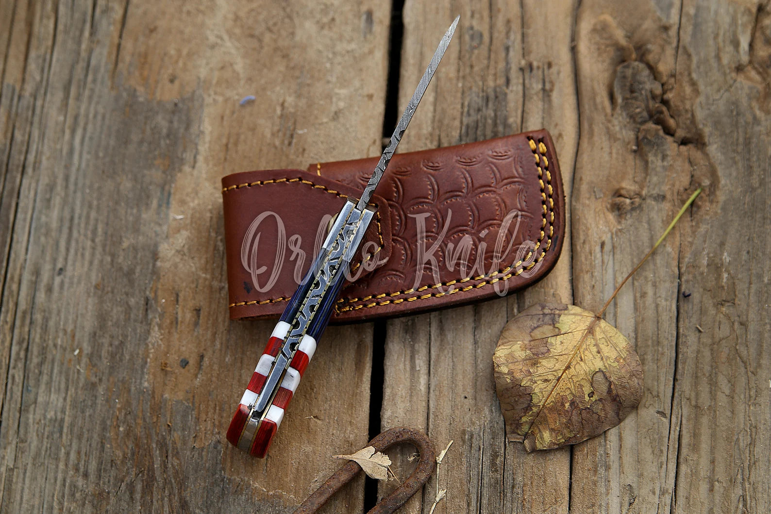 Damascus Steel Folding Pocket Knife – Red, White, and Blue Handle For the Outdoorsman Orklo Knives