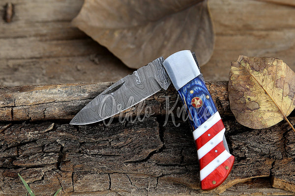 Damascus Steel Folding Pocket Knife – Red, White, and Blue Handle