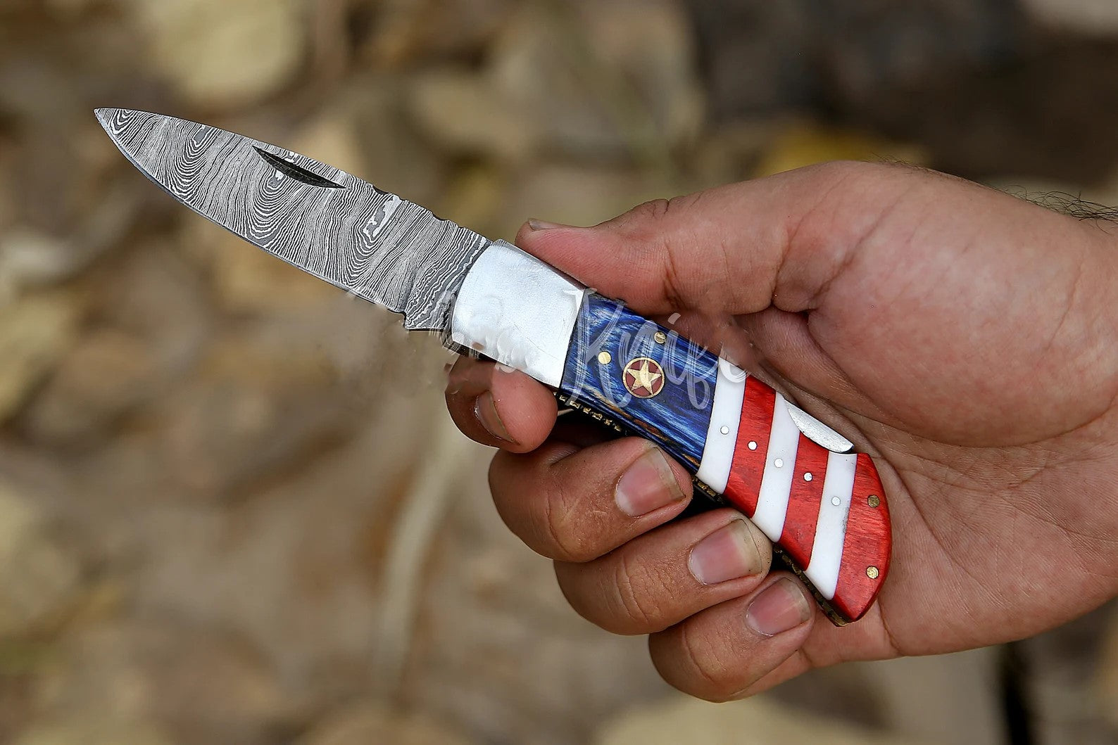 Damascus Steel Folding Pocket Knife – Red, White, and Blue Handle