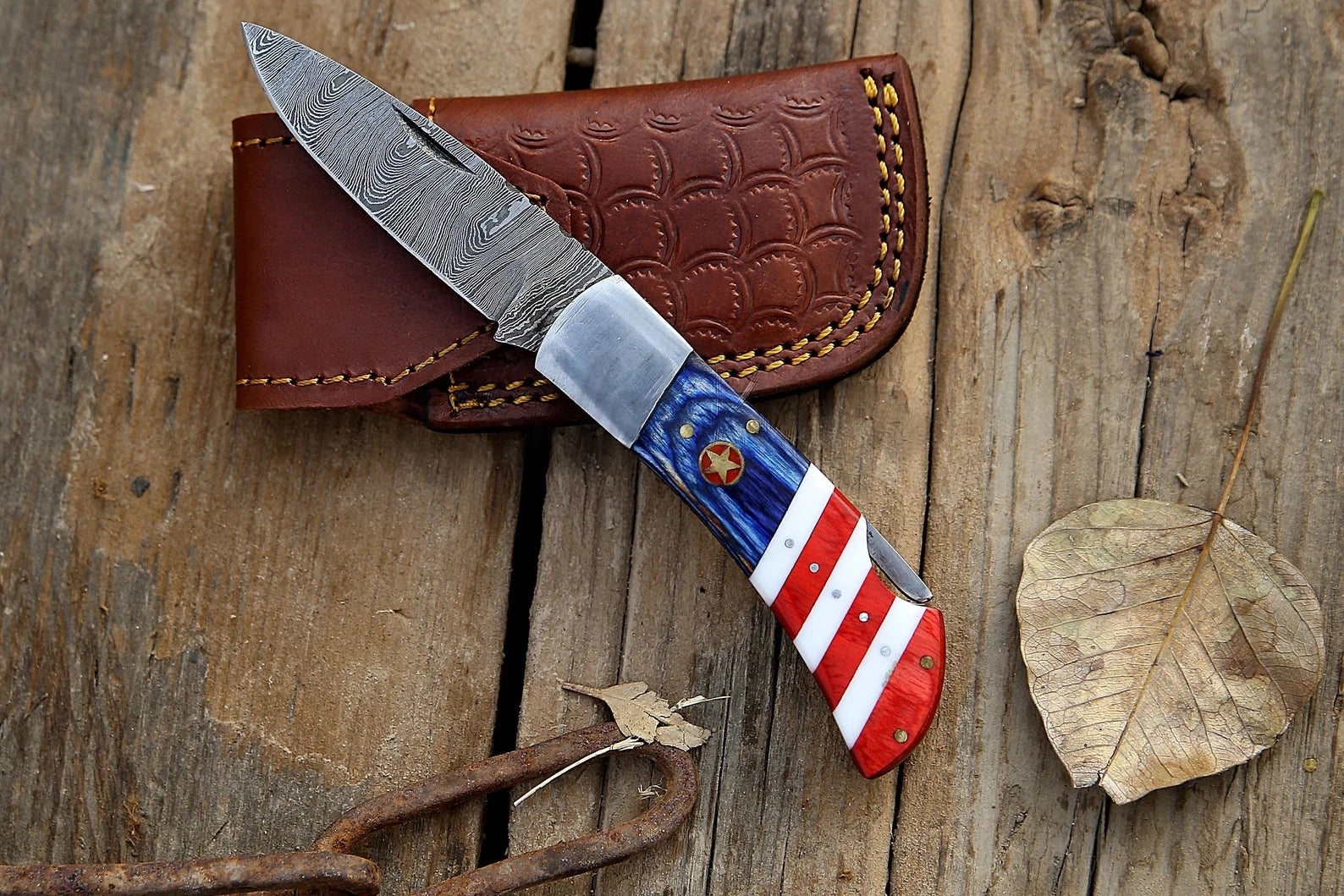 Damascus Steel Folding Pocket Knife – Red, White, and Blue Handle For the Outdoorsman Orklo Knives