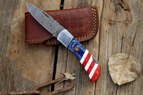 Damascus Steel Folding Pocket Knife – Red, White, and Blue Handle For the Outdoorsman Orklo Knives
