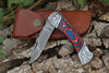 Damascus Steel Folding Pocket Knife – Multi Blue and Red For the Outdoorsman Orklo Knives