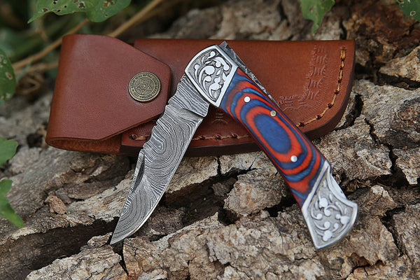Damascus Steel Folding Pocket Knife – Multi Blue and Red For the Outdoorsman Orklo Knives