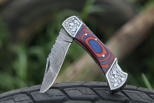 Damascus Steel Folding Pocket Knife – Multi Blue and Red For the Outdoorsman Orklo Knives