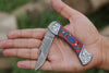 Damascus Steel Folding Pocket Knife – Multi Blue and Red For the Outdoorsman Orklo Knives