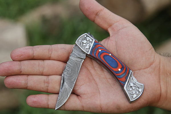 Damascus Steel Folding Pocket Knife – Multi Blue and Red For the Outdoorsman Orklo Knives