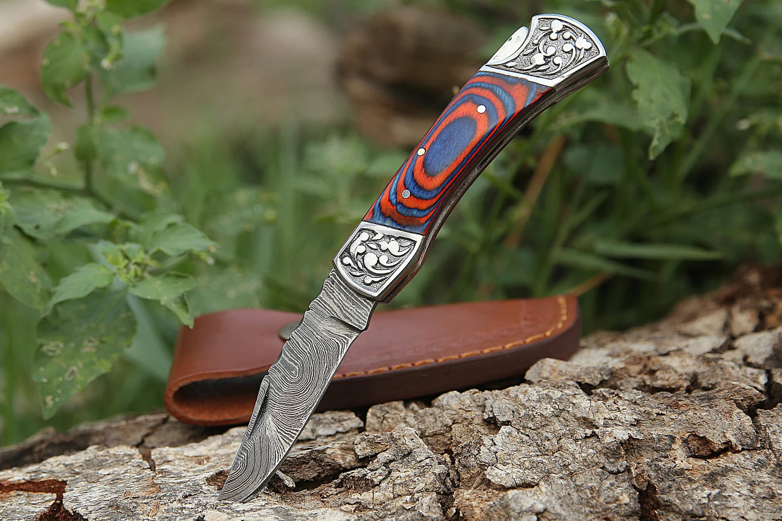 Damascus Steel Folding Pocket Knife – Multi Blue and Red For the Outdoorsman Orklo Knives