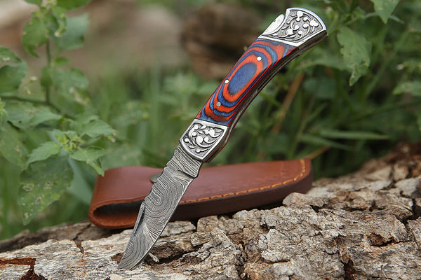 Damascus Steel Folding Pocket Knife – Multi Blue and Red For the Outdoorsman Orklo Knives