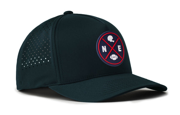 Dark 5-panel performance cap with NEX logo patch and perforated side
