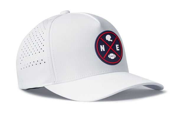 White 5-panel cap with NEX logo patch and perforated side panel