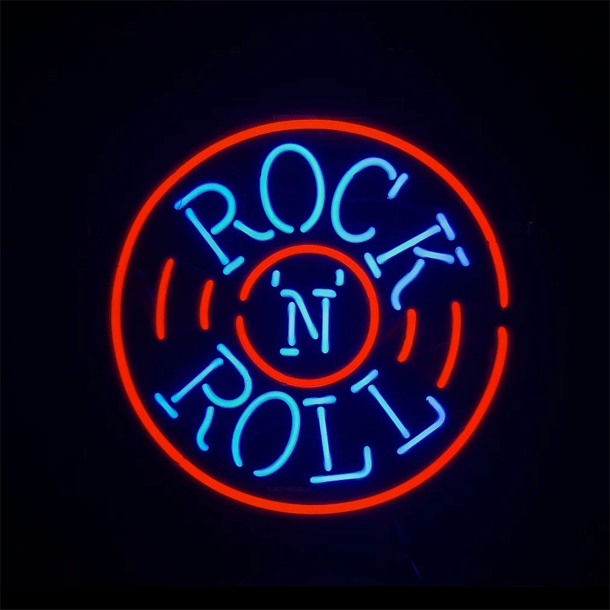Round neon Rock 'N' Roll sign light with red outer ring and blue center Rock letters