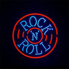 Round neon Rock 'N' Roll sign light with red outer ring and blue center Rock letters