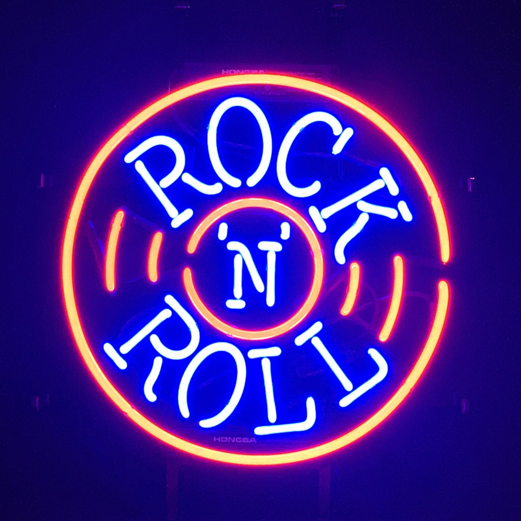 Round Rock 'N' Roll neon sign light showing Rock 'N' Roll text around center emblem