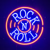 Round Rock 'N' Roll neon sign light showing Rock 'N' Roll text around center emblem