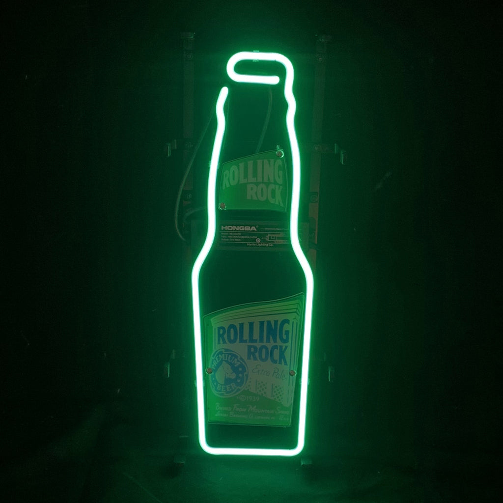 Rollin Rock neon bottle sign with green illuminated outline and label detail