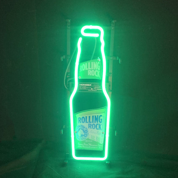Rollin Rock neon bottle sign light, bright green bottle outline