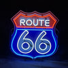 Route 66 neon wall sign, shield outline with ROUTE text and 66 in blue glow.