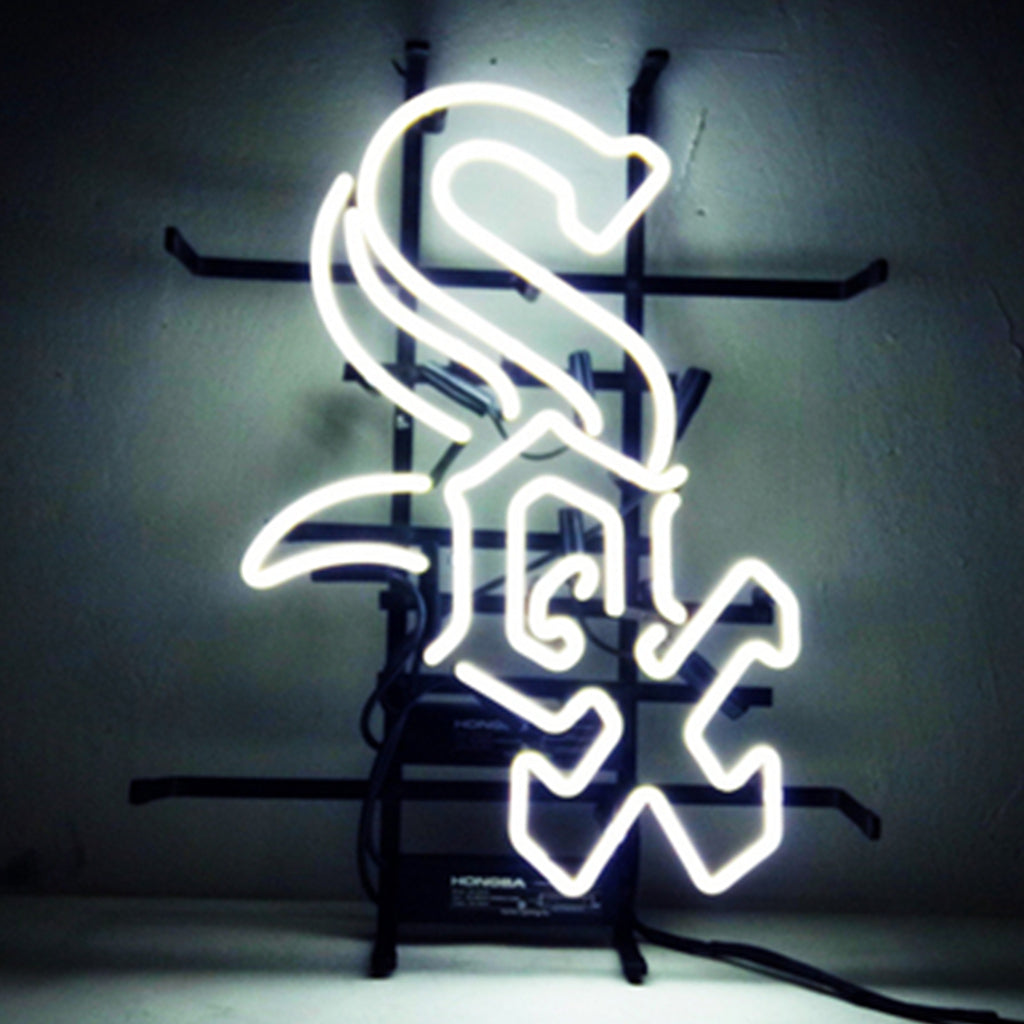 Neon sports logo sign light with bright white glowing outline and base