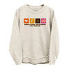 Beige sweatshirt with multicolor “America Runs on Bourbon and Freedom” front graphic