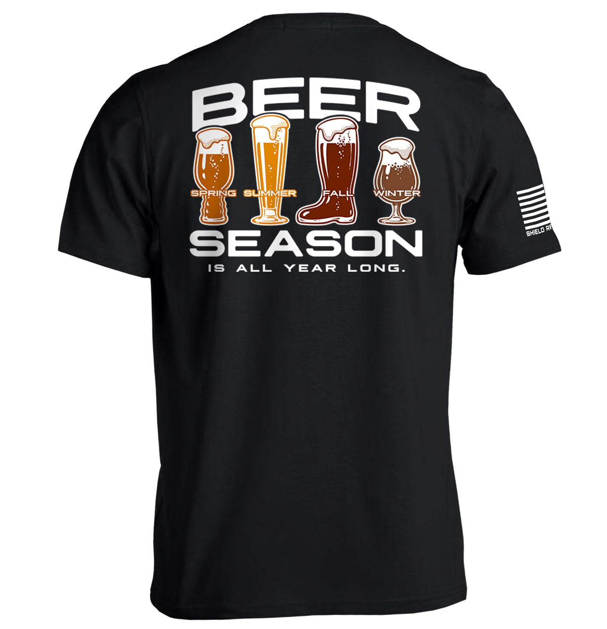 Black graphic tee, back print 'BEER SEASON' with beer icons and seasons