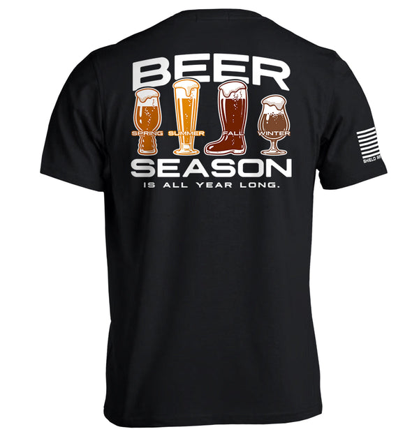 Black graphic tee, back print 'BEER SEASON' with beer icons and seasons