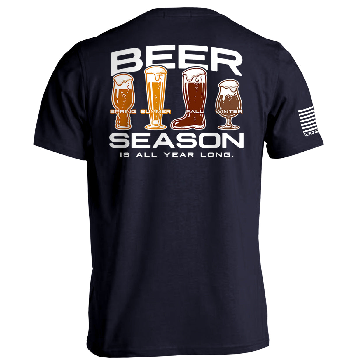 Navy graphic tee, back print 'BEER SEASON' with beer icons and seasons