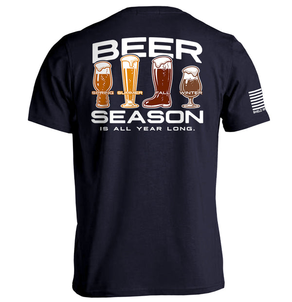 Navy graphic tee, back print 'BEER SEASON' with beer icons and seasons
