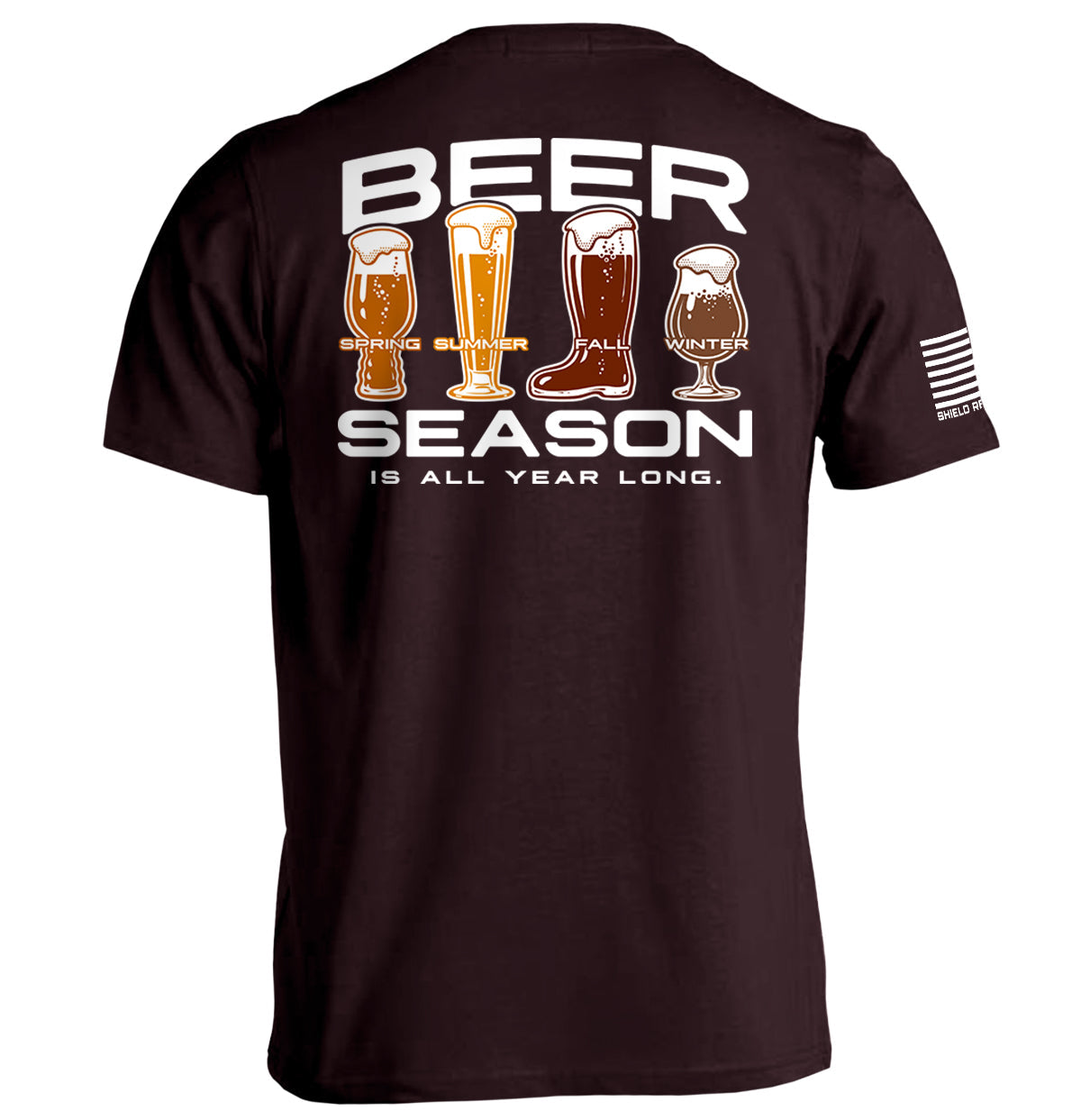 Ox blood graphic tee, back print 'BEER SEASON' with beer icons and seasons