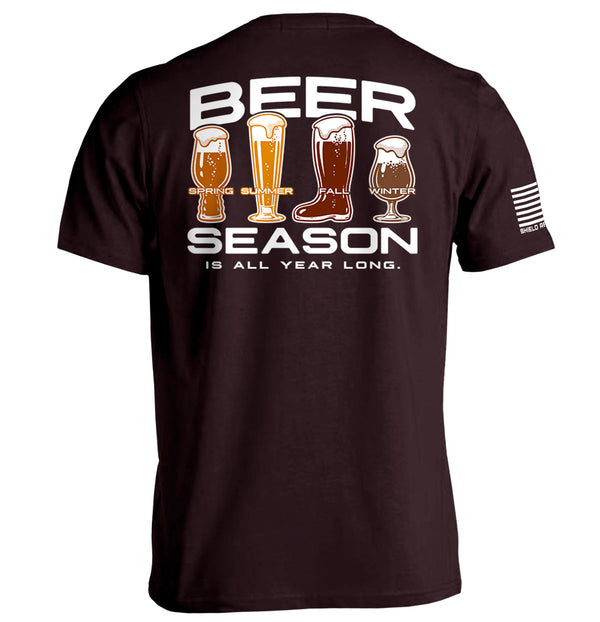 Ox blood graphic tee, back print 'BEER SEASON' with beer icons and seasons