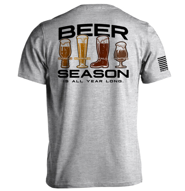 Sport grey graphic tee, back print 'BEER SEASON' with beer icons and seasons