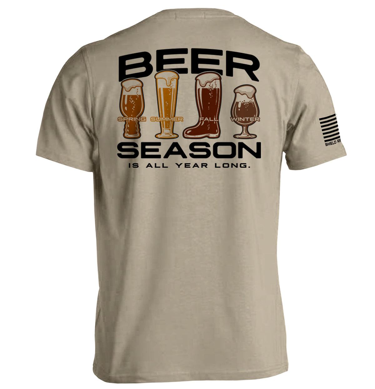Tan graphic tee, back print 'BEER SEASON' with beer icons and seasons