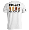 White graphic tee, back print 'BEER SEASON' with beer icons and seasons